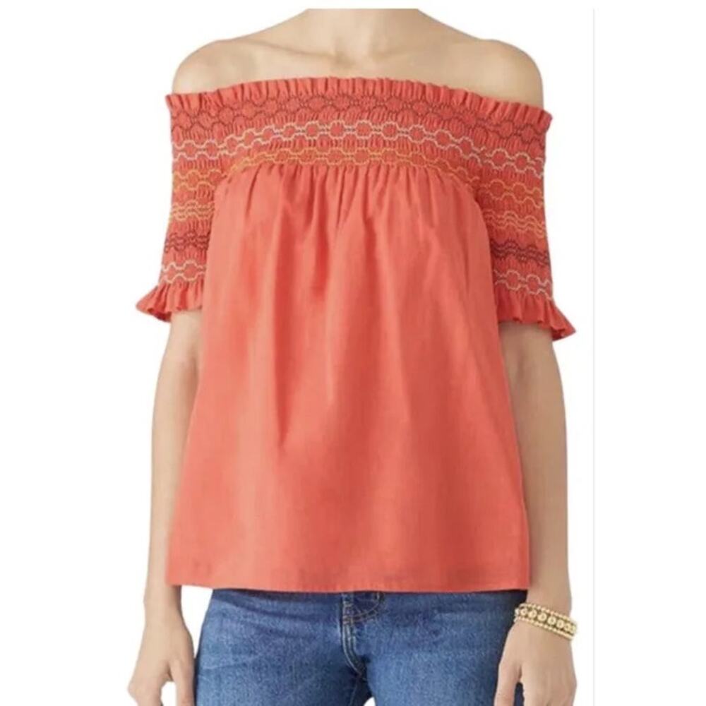 TRINA TURK Coral Orange Smocked Off the Shoulder Crosshatch Top Size Small